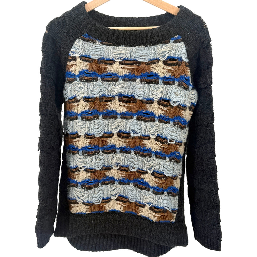 O'2nd Blue Black Grunge Deconstructed Distressed Open Knit Sweater