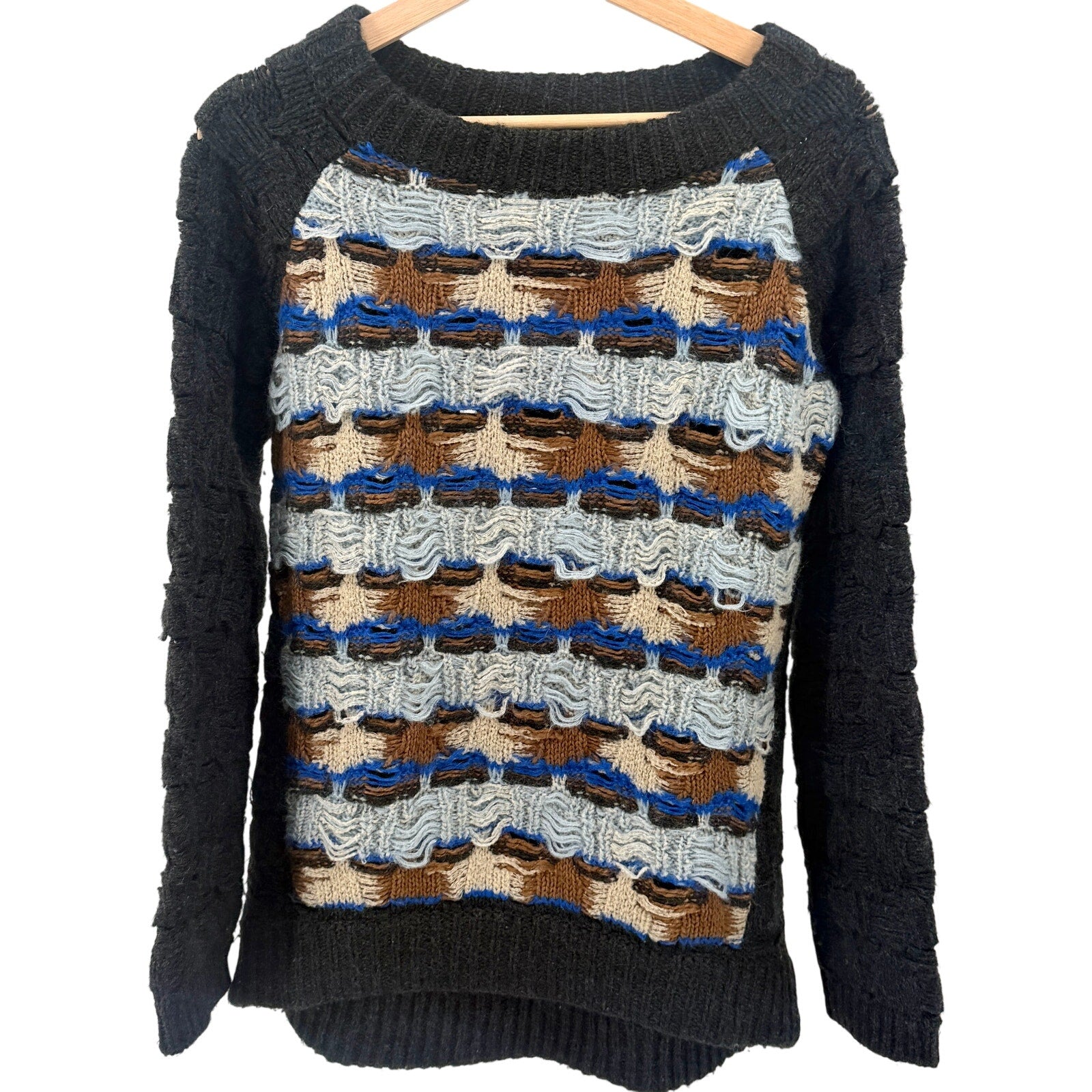 O'2nd Blue Black Grunge Deconstructed Distressed Open Knit Sweater