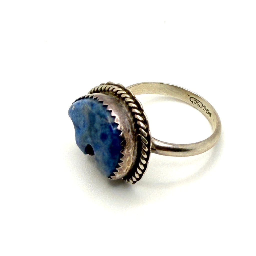 Vintage 80s Signed SC Sodalite Bear Fetish Sterling Silver Southwestern Ring
