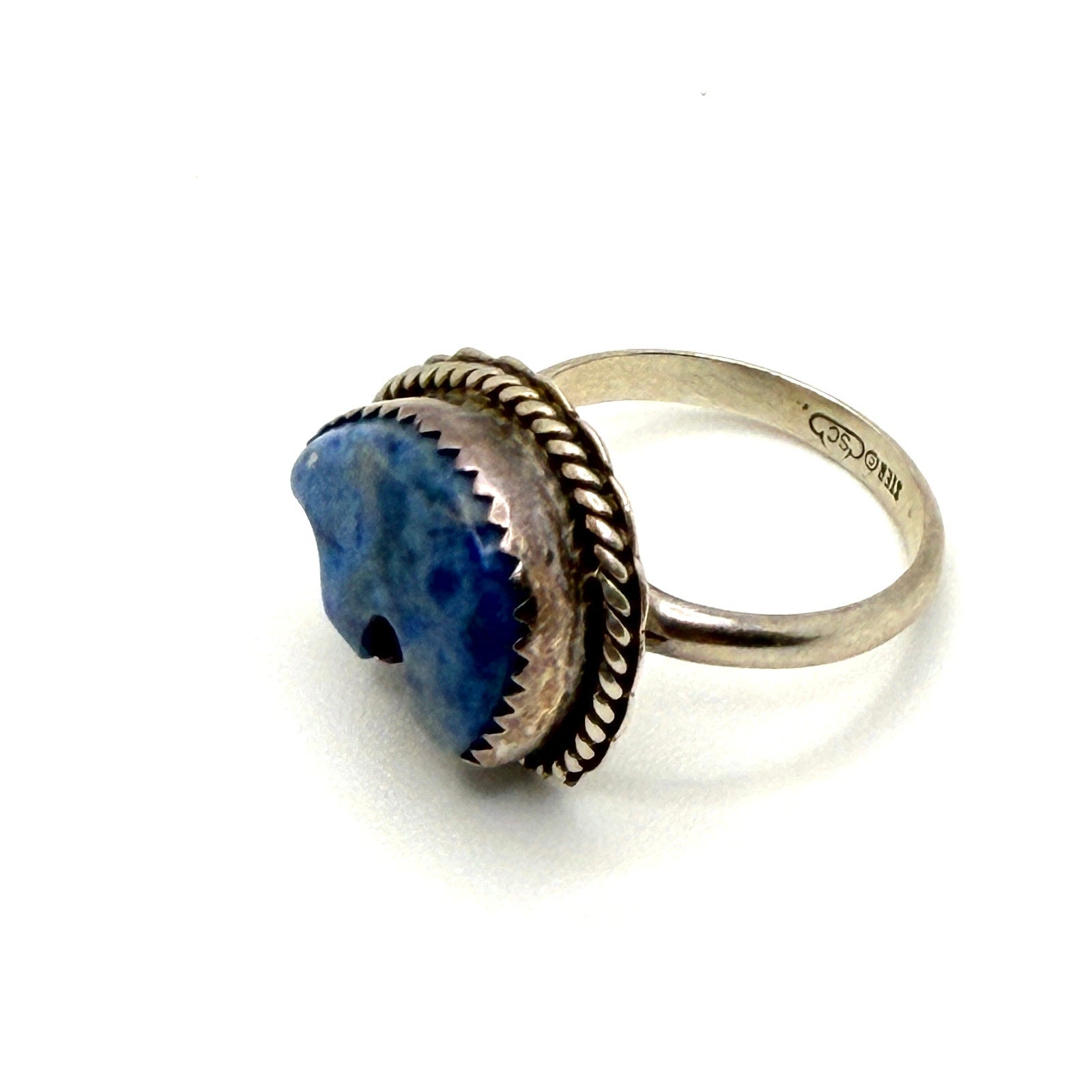 Vintage 80s Signed SC Sodalite Bear Fetish Sterling Silver Southwestern Ring