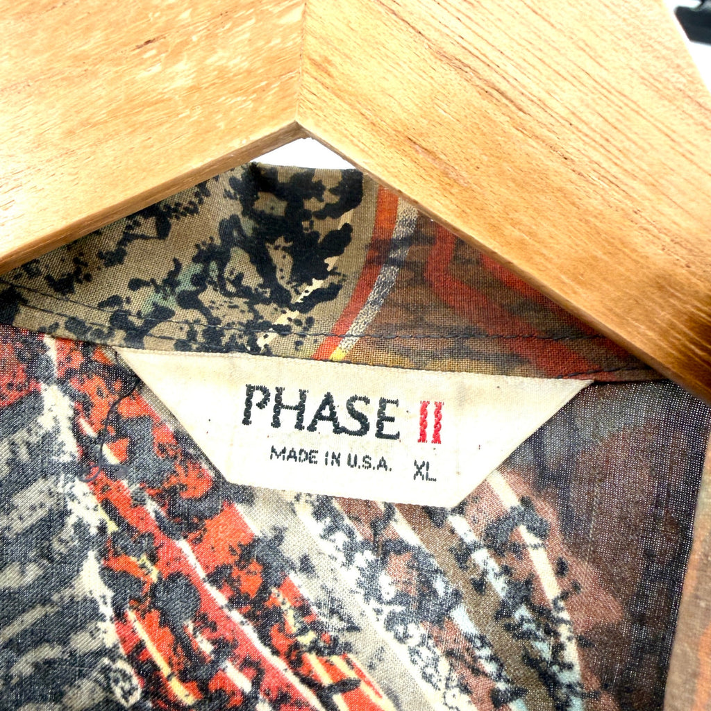 Vintage 90s Phase II Brown Orange Abstract Geometric Short Sleeve Button Up