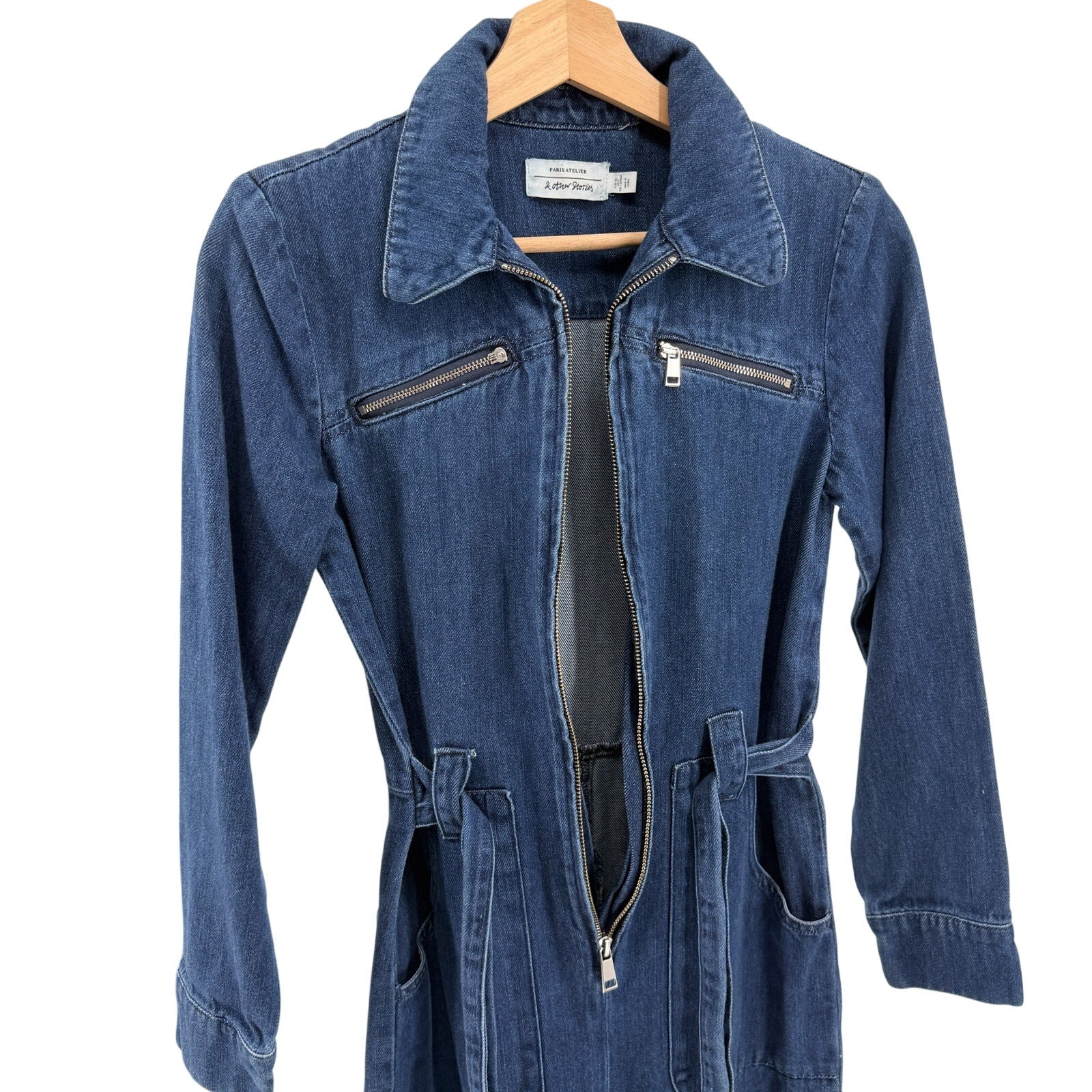 & Other Stories Dark Blue 100% Cotton Utility Tie Waist Boiler Suit