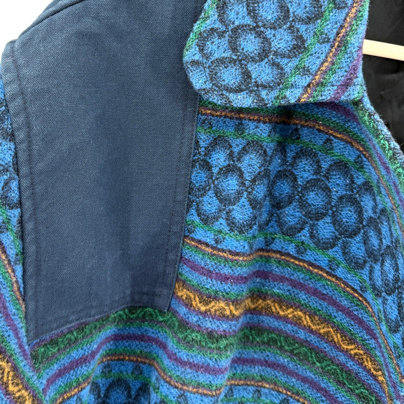 Vintage 90s T&C Surf Designs Blue Wool Cotton Tribal Open Front Jacket