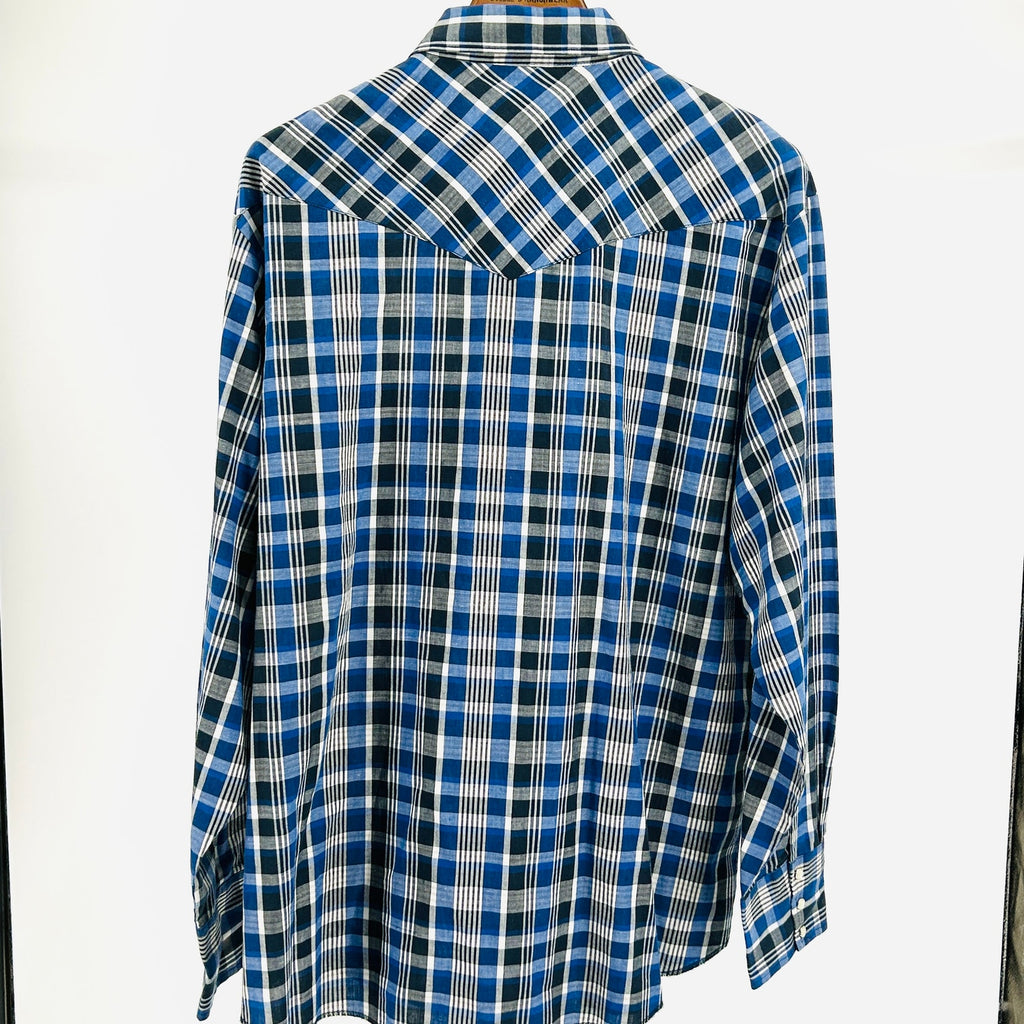 Rustler Blue Black Plaid Cotton Blend Western Pearl Snap Shirt
