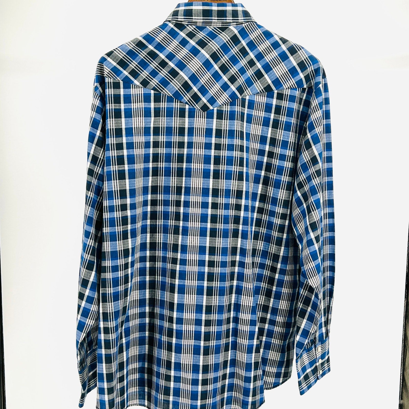 Rustler Blue Black Plaid Cotton Blend Western Pearl Snap Shirt