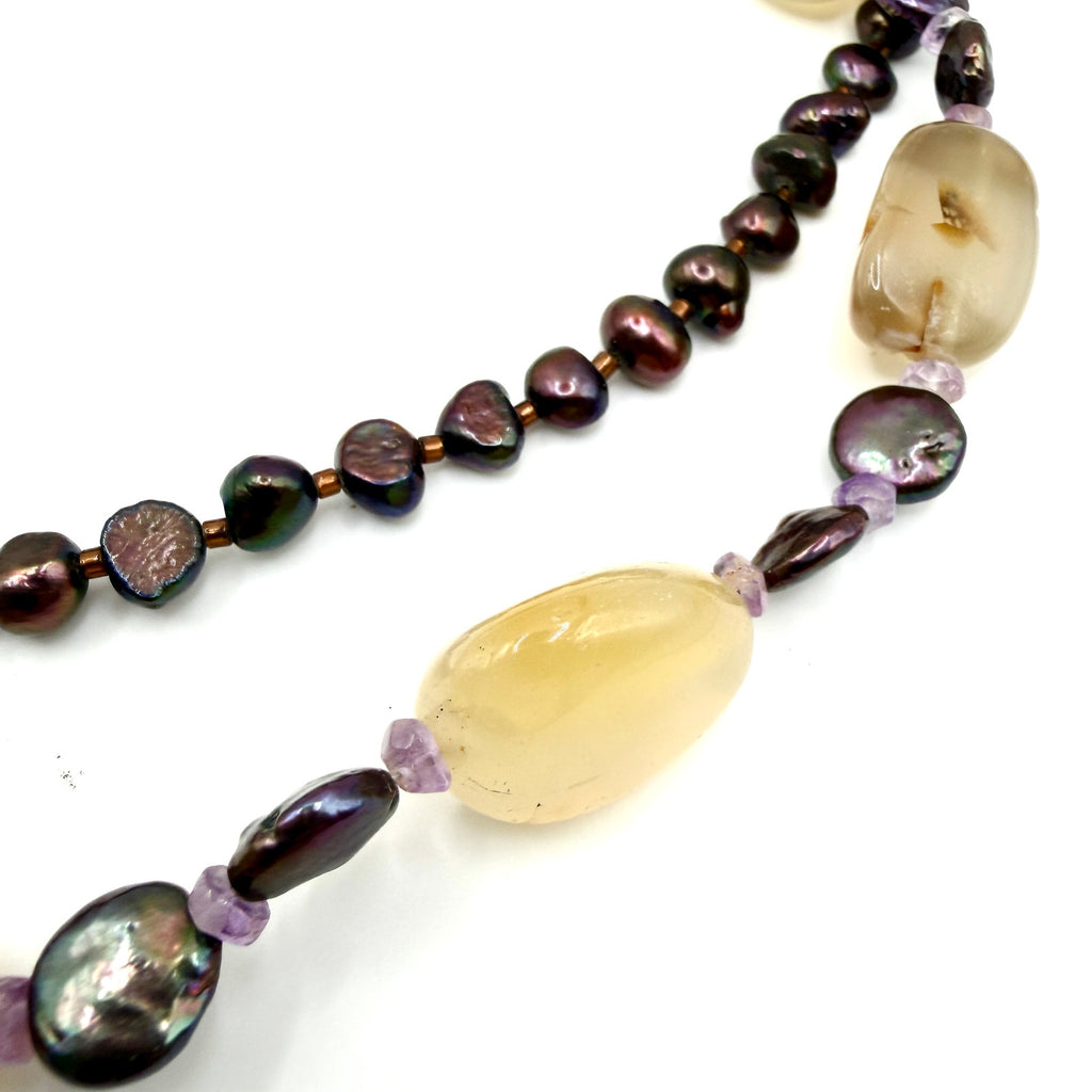 Vintage 90s Sterling Silver Agate Pearl Multi Strand Statement Necklace