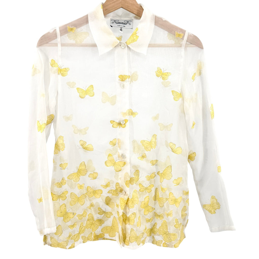 Vintage 90s Rita White Sheer Yellow Butterfly Applique Blouse Top