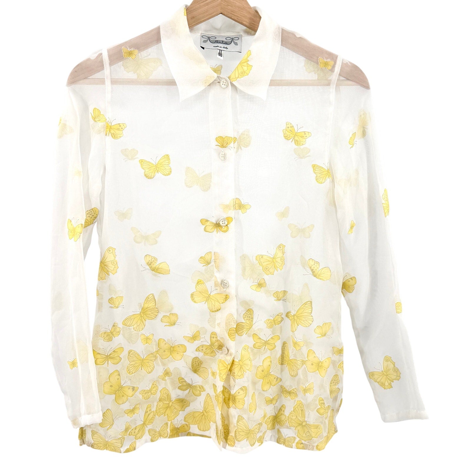 Vintage 90s Rita White Sheer Yellow Butterfly Applique Blouse Top