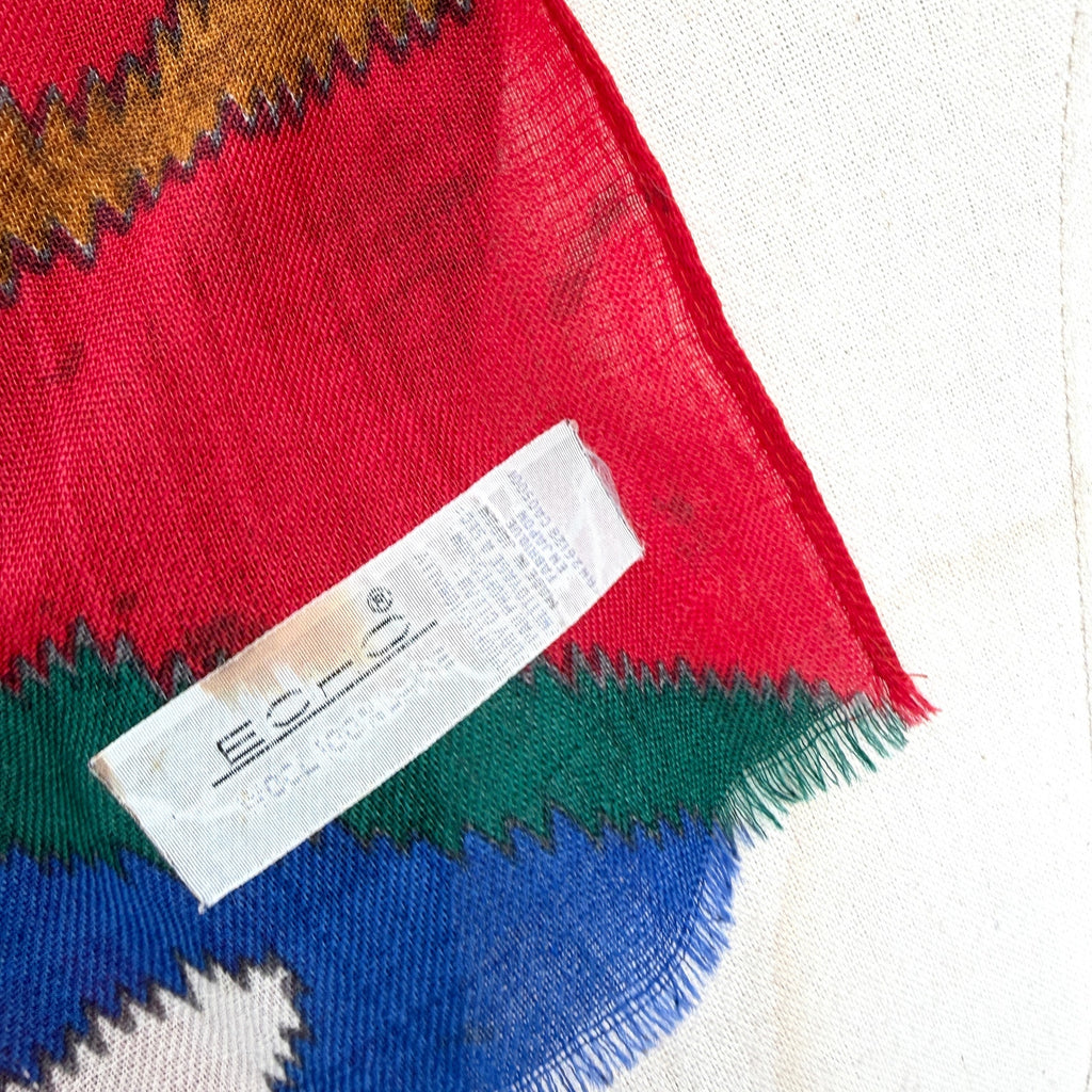 Vintage 80s Echo Red Aztec 100% Wool Southwestern Fringe Oblong Scarf