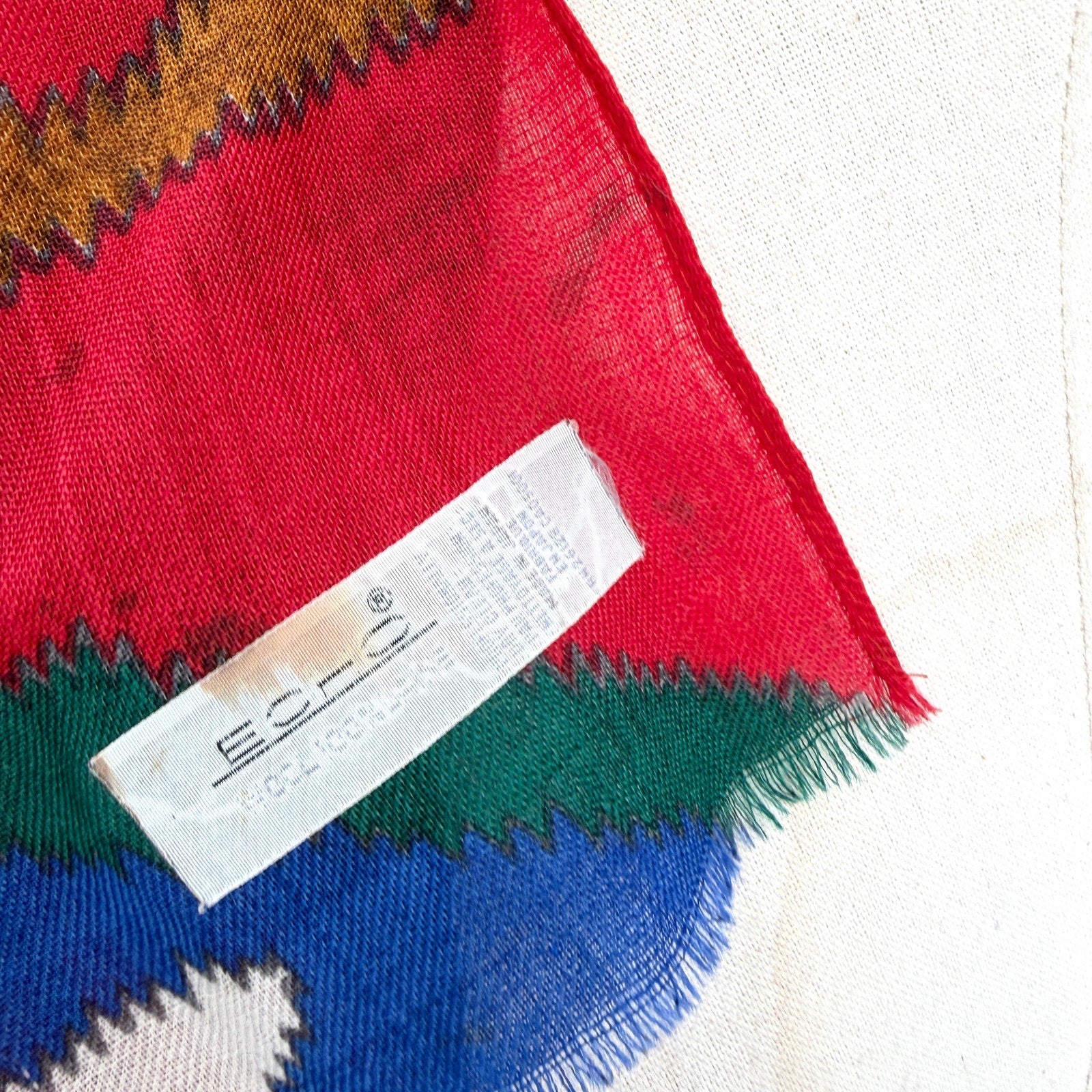Vintage 80s Echo Red Aztec 100% Wool Southwestern Fringe Oblong Scarf