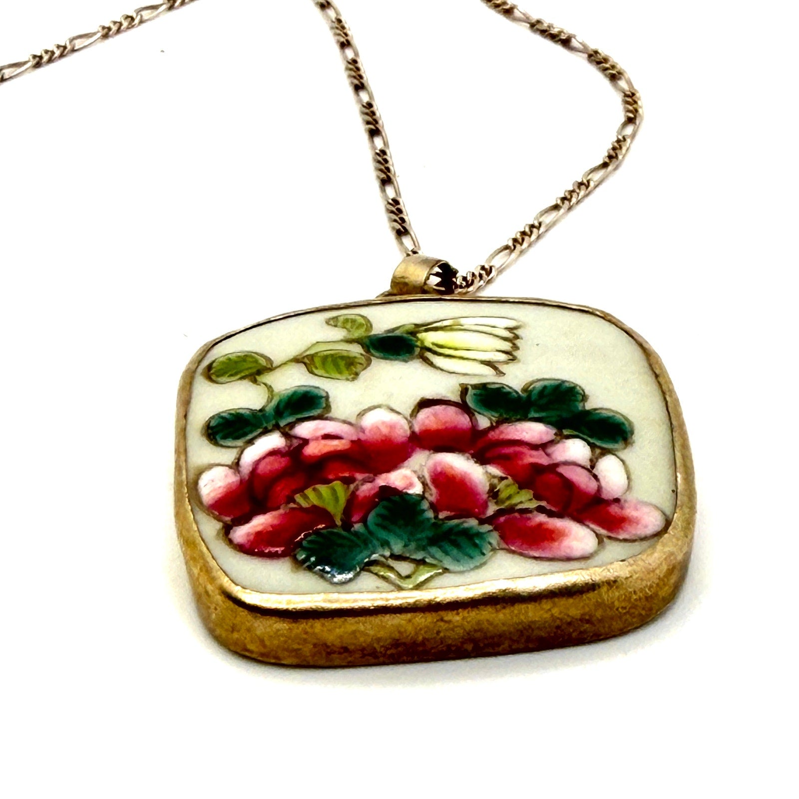 Vintage 90s Pink White Green Sterling Silver Chinoiserie Shard Necklace