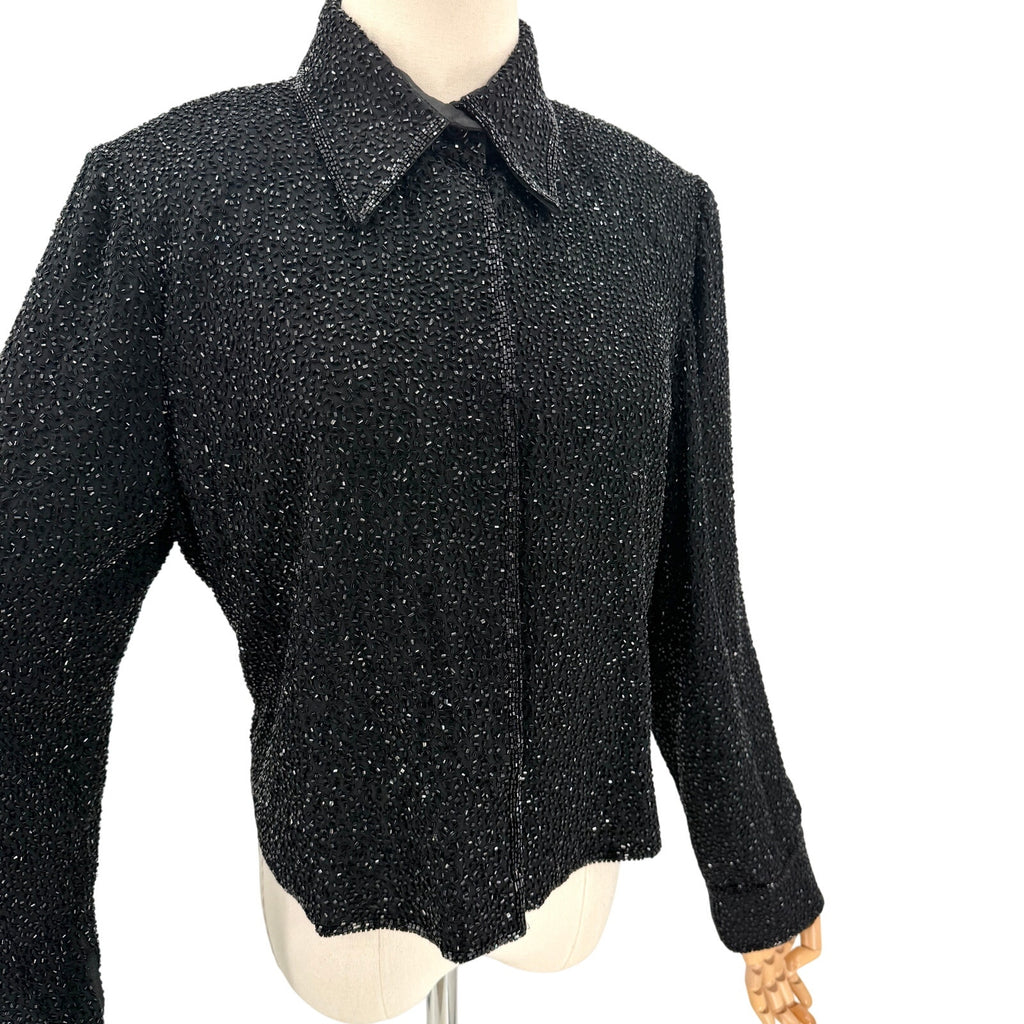 Vintage 90s Caroline Rose Black Silk Fully Beaded Evening Jacket