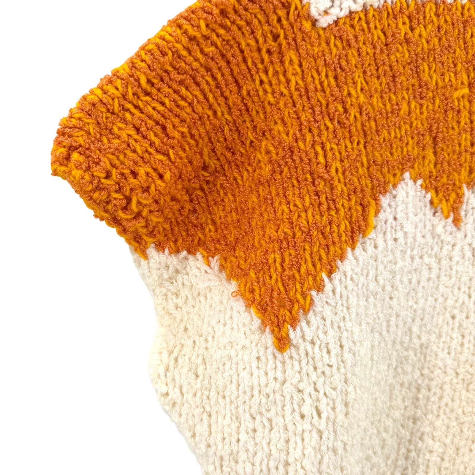 Vintage 70s Handmade Cream Orange Geometric Hand Knit Sweater Vest