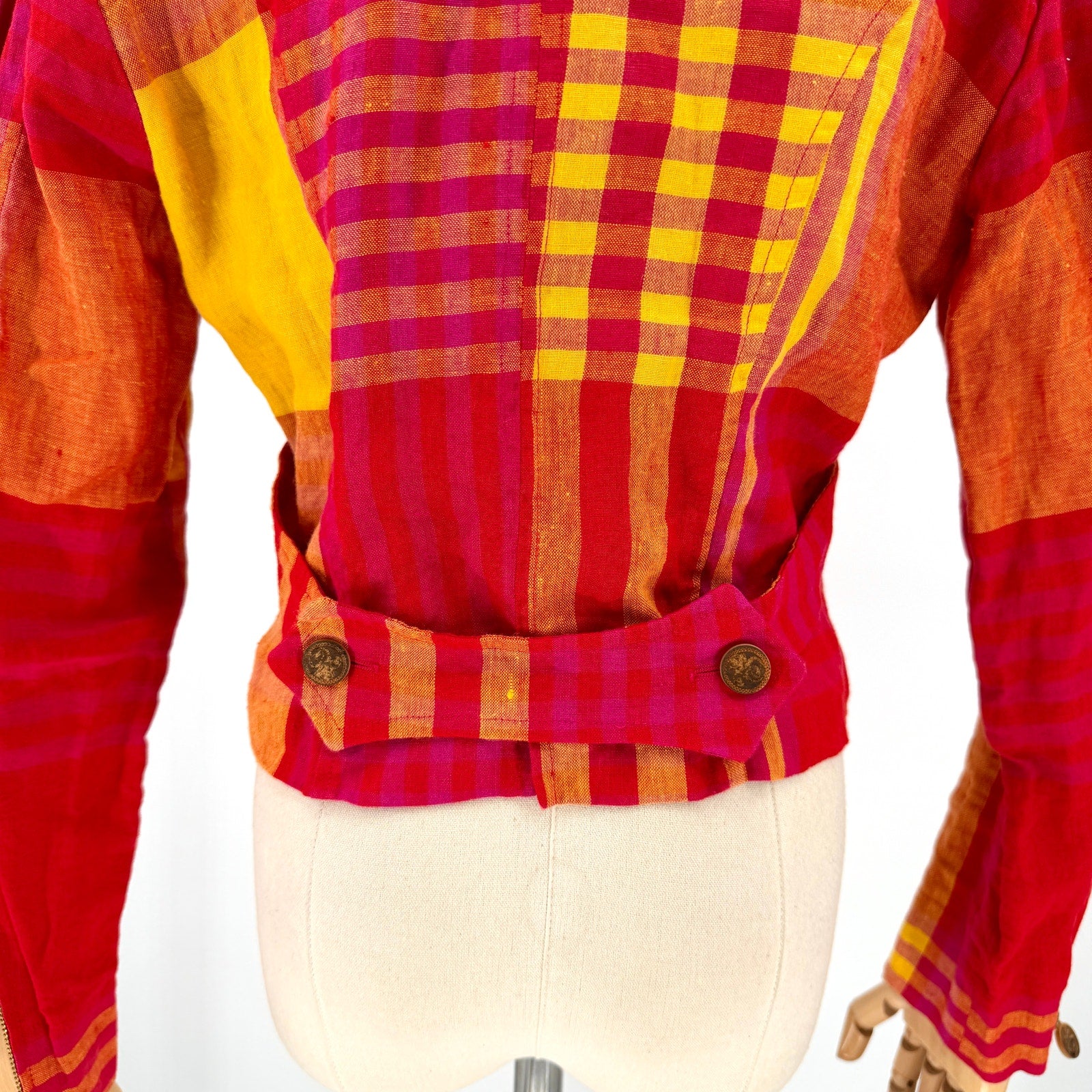 Vintage 90s Christian Lacroix Red Yellow Plaid 100% Linen Crop Jacket