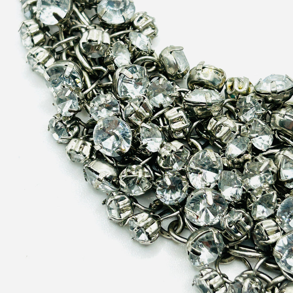 Y2k Silver White Rhinestone Crystal Chain Link Bib Glam Bling Costume Necklace