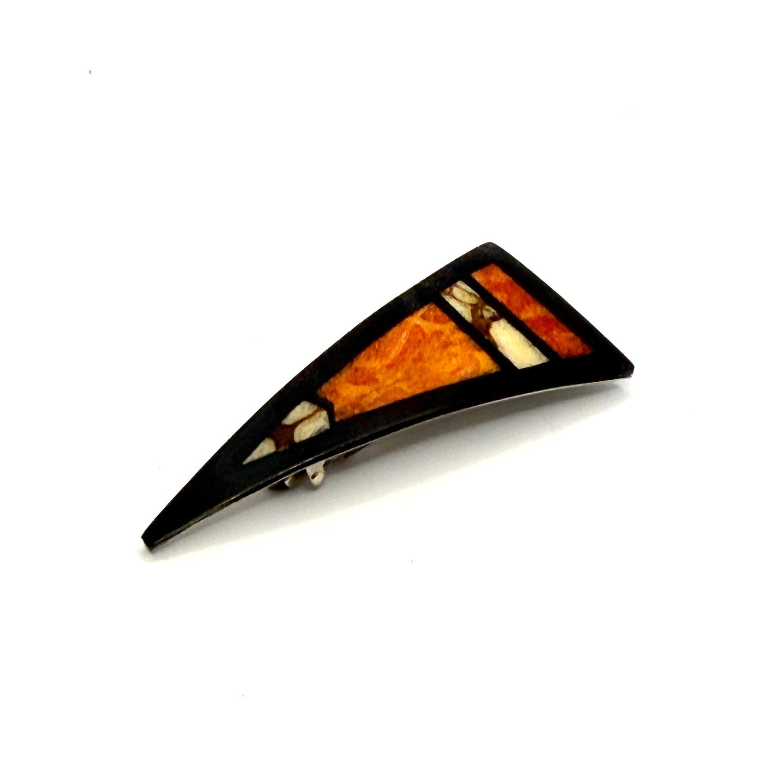 Vintage 90s Orange Black Inlay Art Deco Revival French Barrette Hair Clip