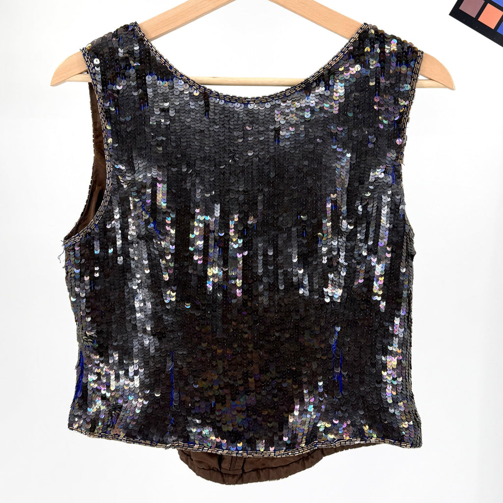 Vintage 90s Adrianna Papell Dark Purple 100% Silk Sequin Beaded Top