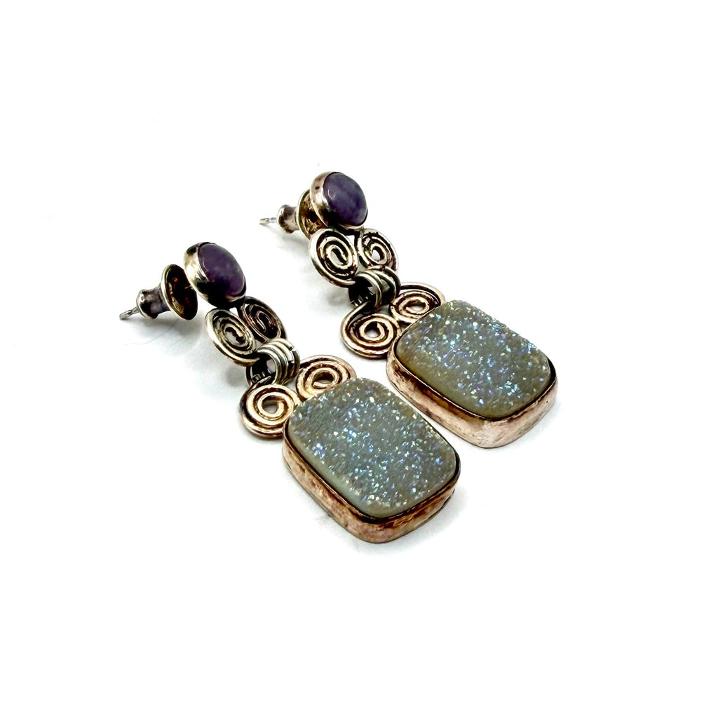 Vintage 90s Sterling Silver Amethyst Druzy Scroll Drop Earrings