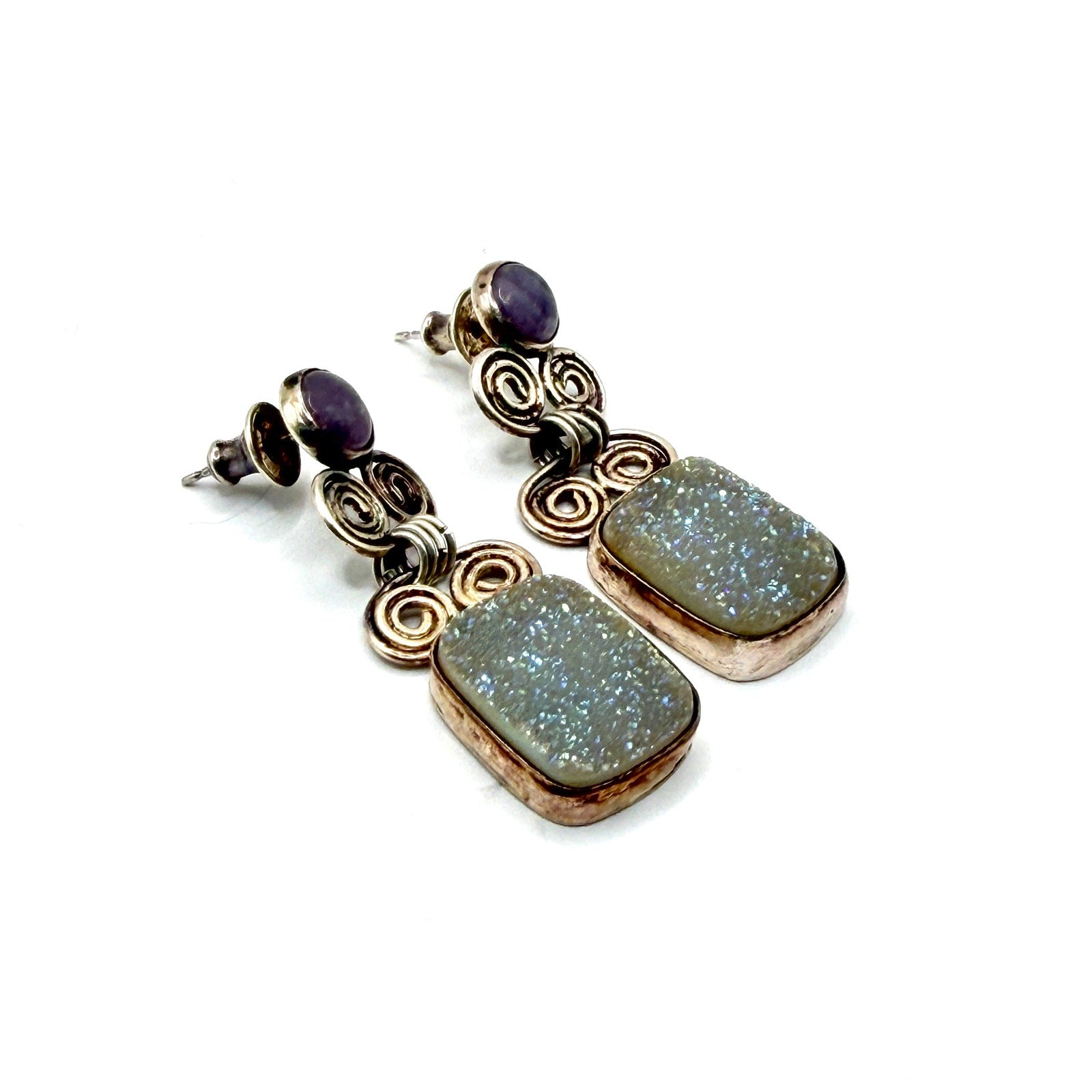 Vintage 90s Sterling Silver Amethyst Druzy Scroll Drop Earrings