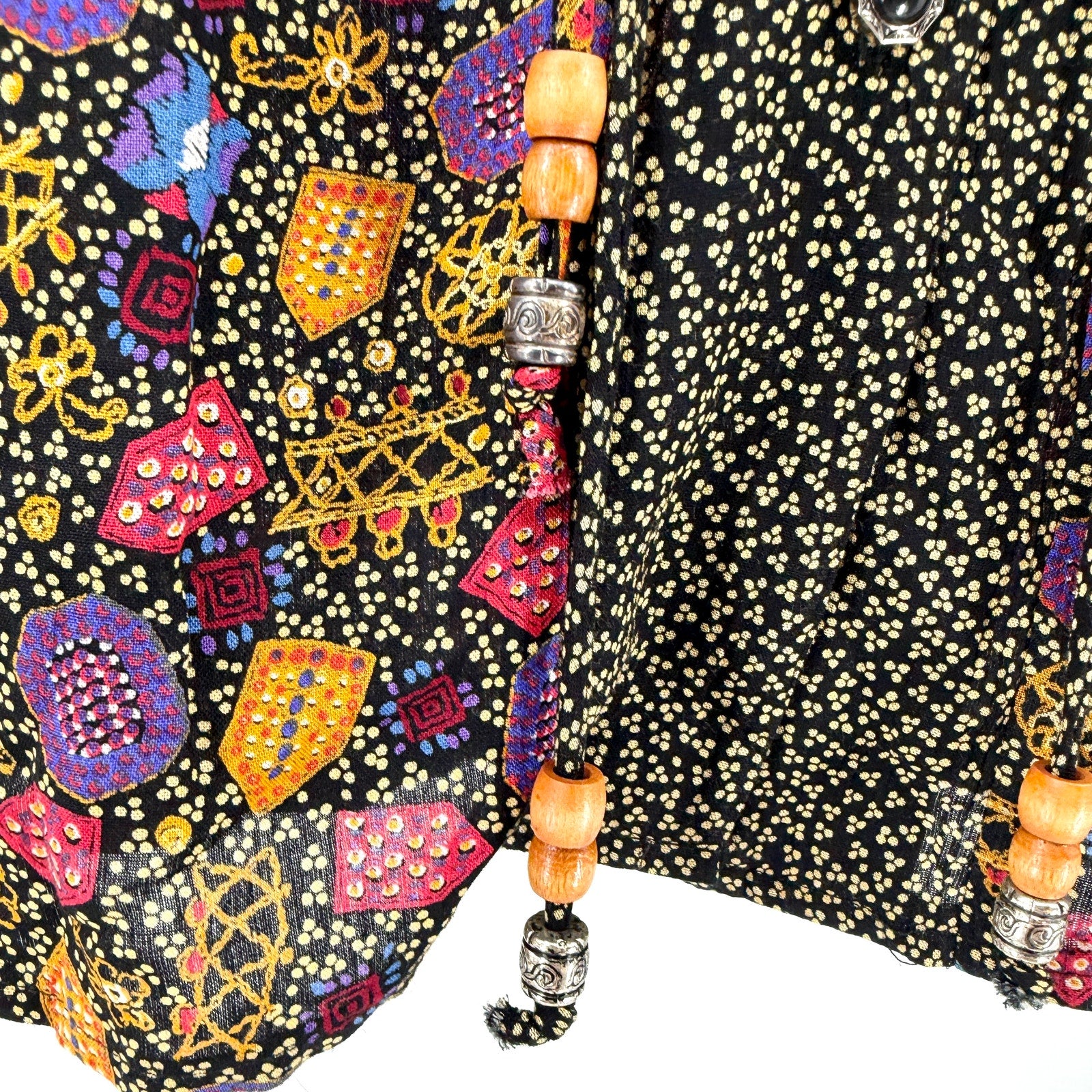 Vintage 90s 1601 Black Rayon Ditsy Geometric Beaded Ties Vest Top