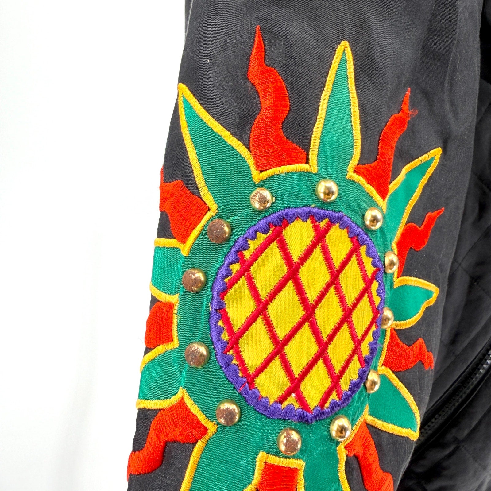 Vintage 90s I.B. Diffusion Black 100% Silk Embroidered Studded Bomber Jacket