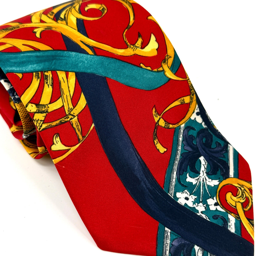 Vintage 90s Italian Handmade Red Baroque Ornate 100% Silk Tie