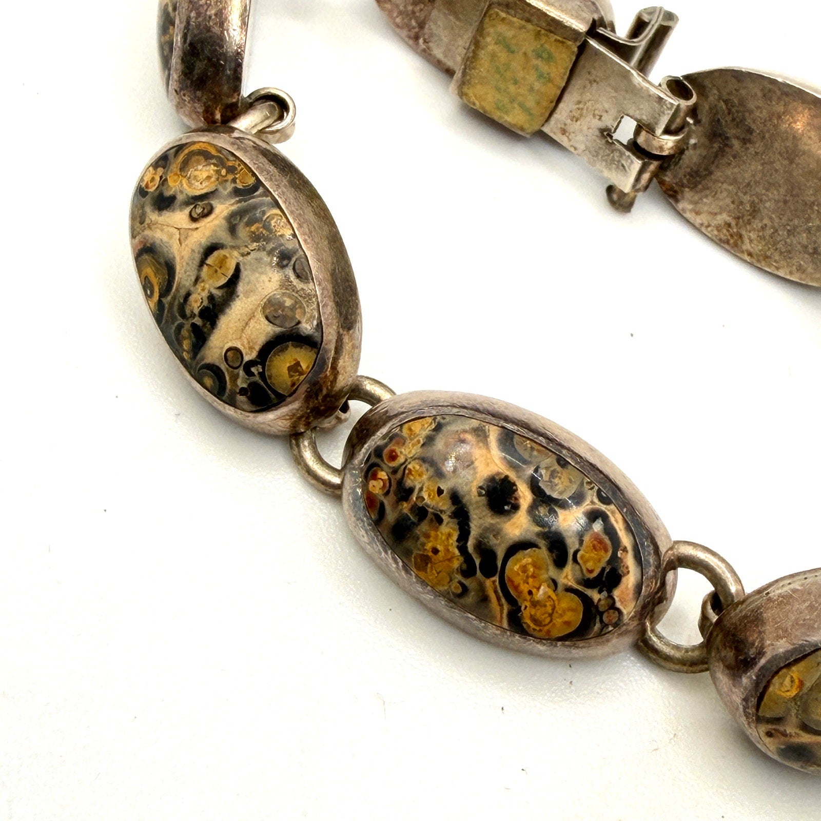 Vintage 90s Mexico Tan Sterling Silver Southwest Stamped Jasper Link Bracelet
