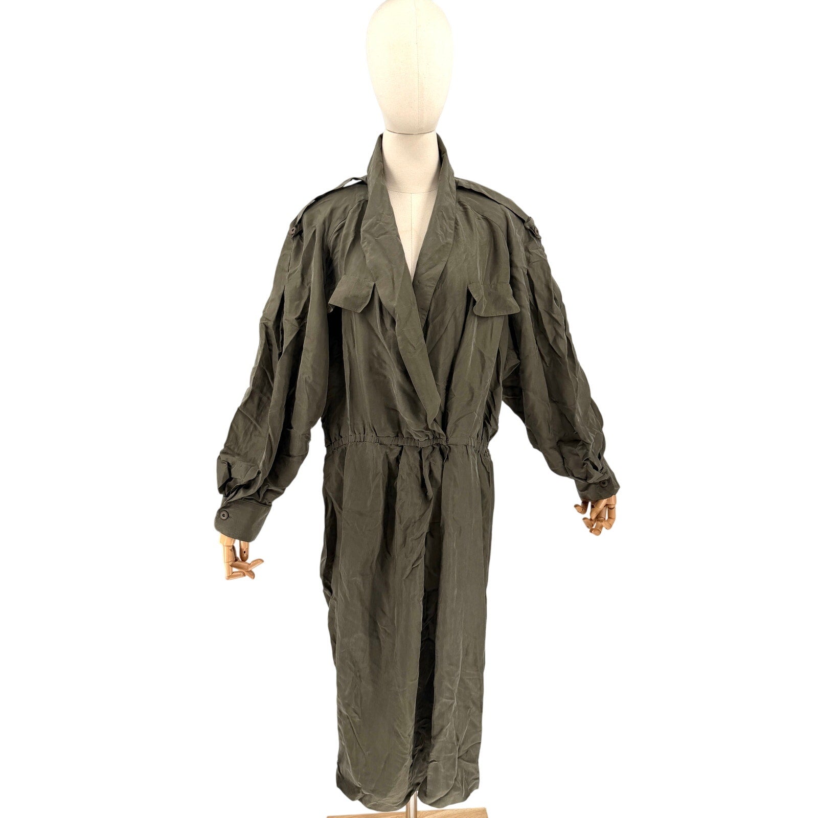 Vintage 80s Argenti Olive Green 100% Silk Lightweight Trench Coat Duster