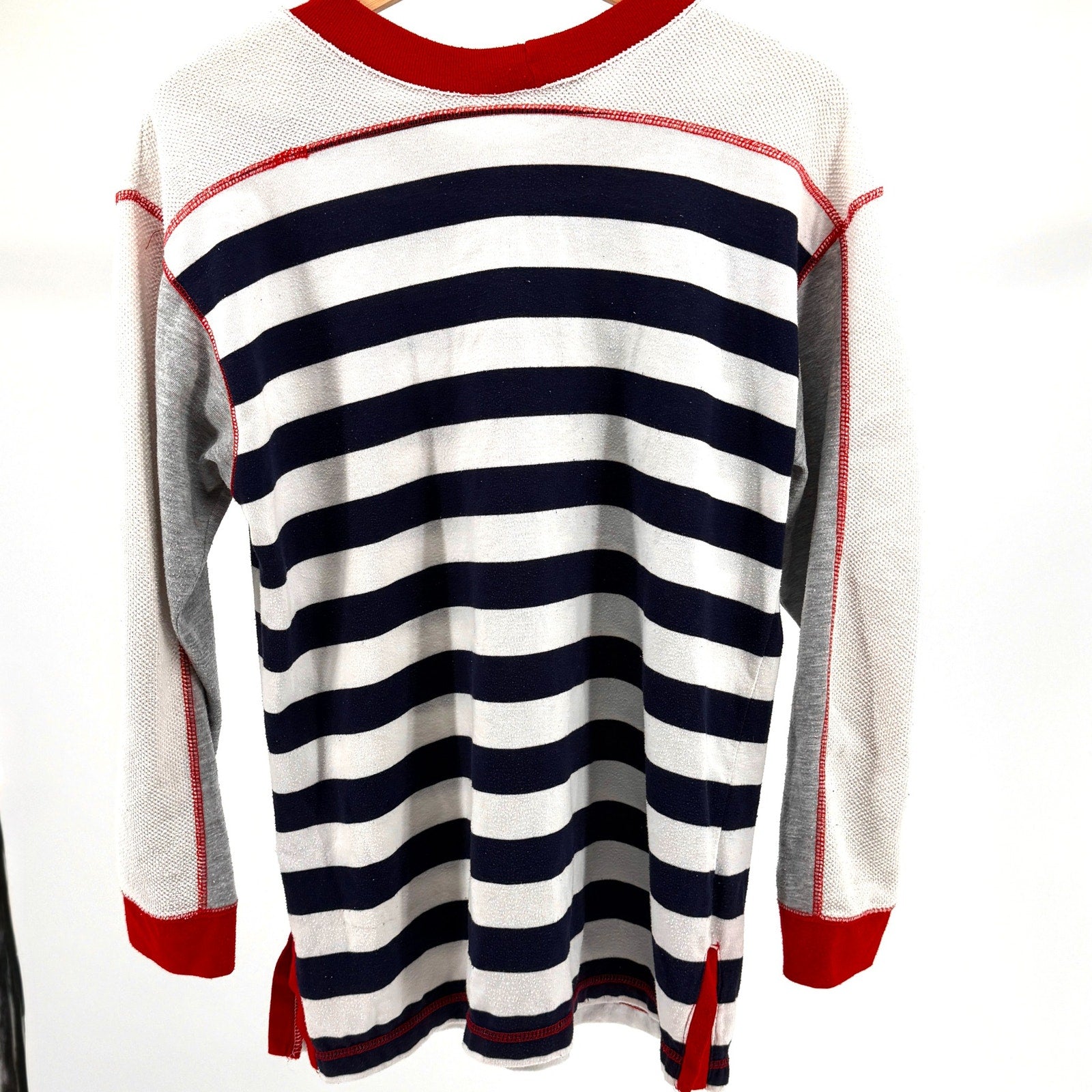 Vintage 90s Folette Navy White Stripe Red Trim Long Sleeve Sport Shirt