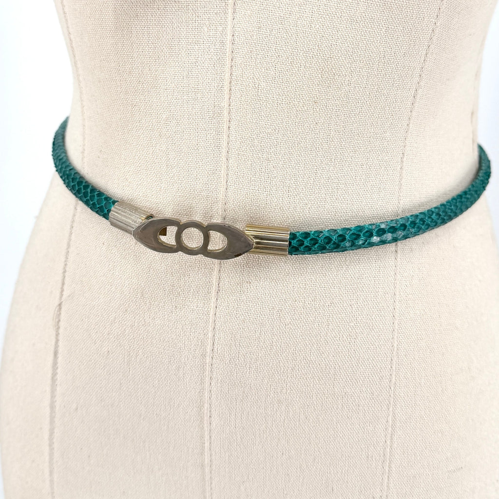 Vintage 90s Green Teal Genuine Snakeskin Super Skinny Belt