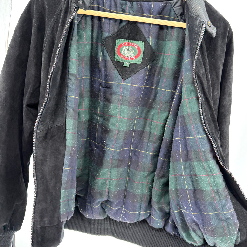 Vintage 80s Authentic Imports Genuine Leather Black Suede Preppy Bomber Jacket
