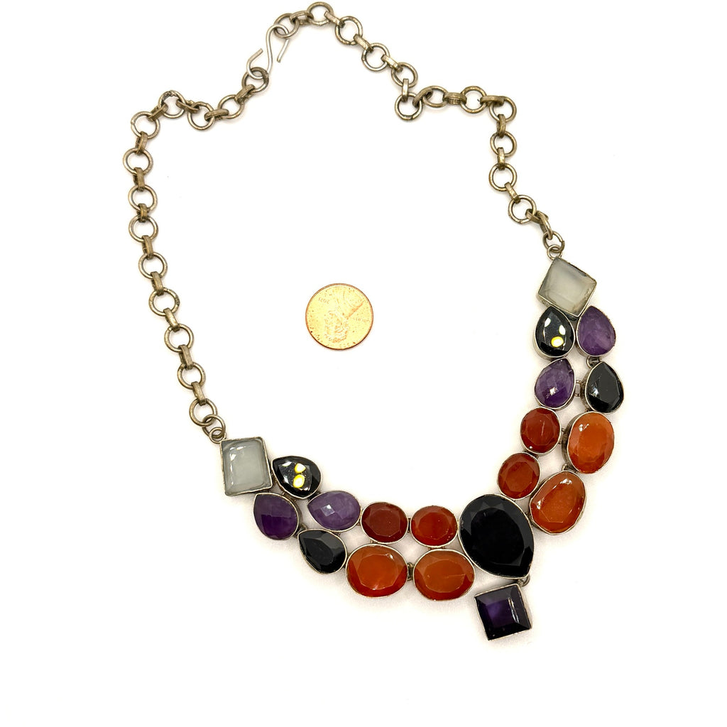 Vintage 90s Stamped Taxco Sterling Silver Multistone Statement Bib Necklace