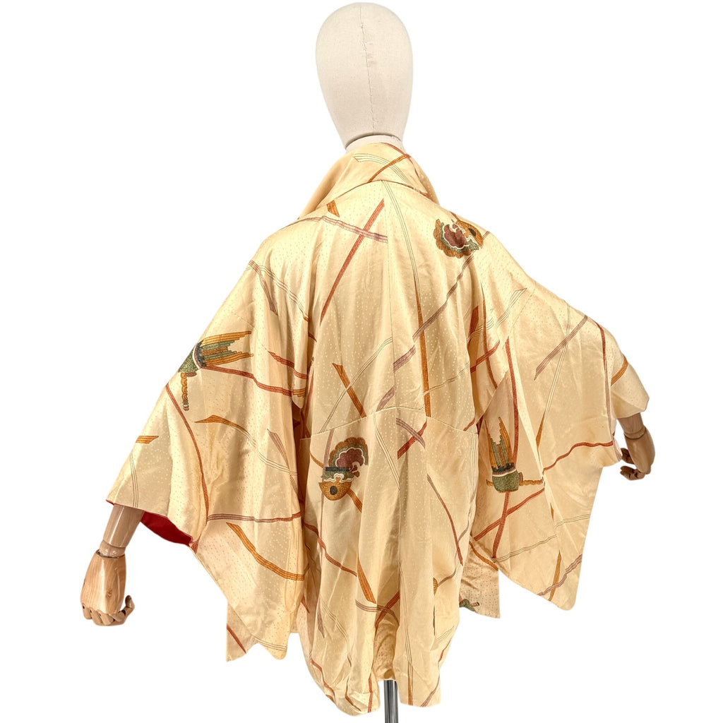 Vintage 80s Yellow Gold 100% Silk Satin Abstract Haori Kimono