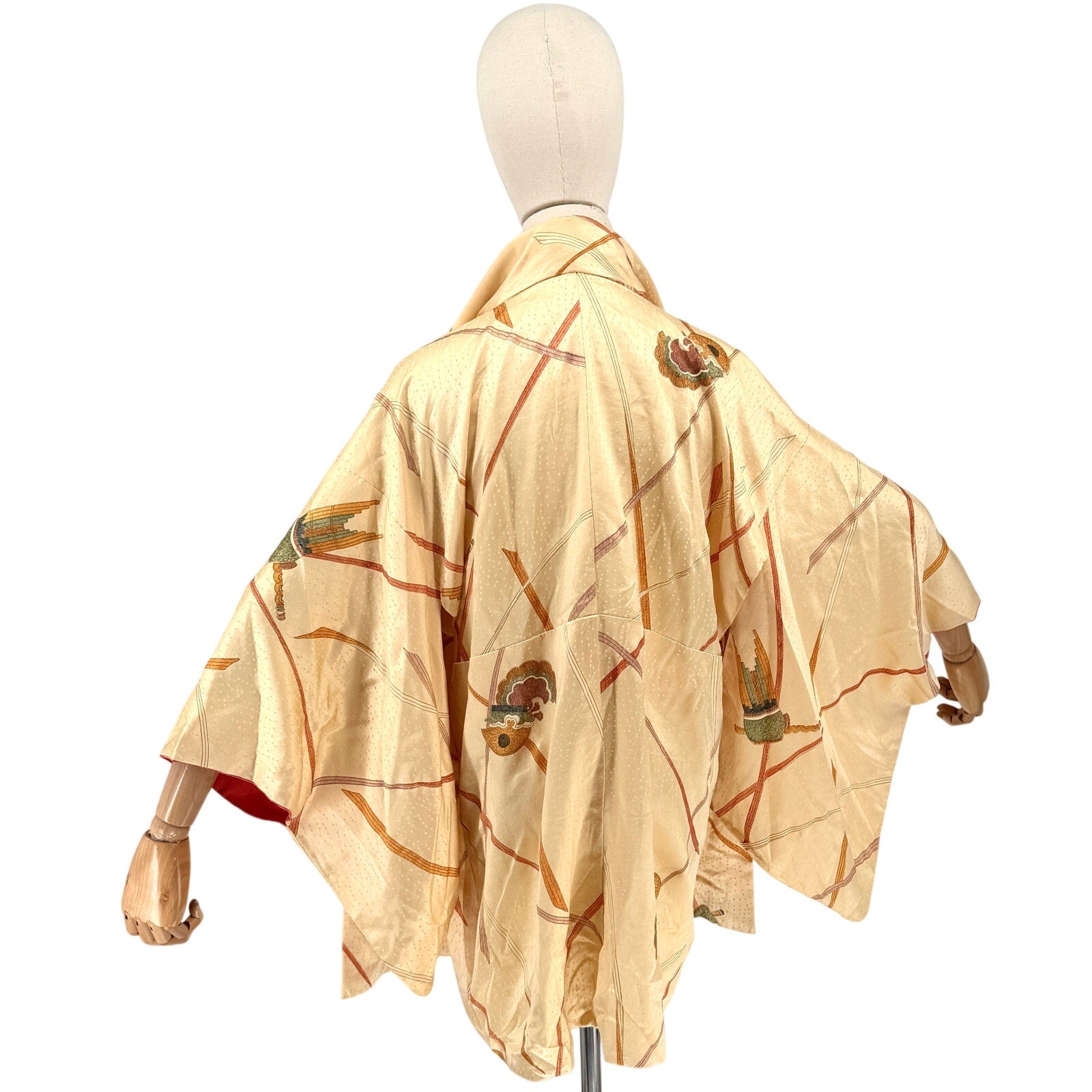 Vintage 80s Yellow Gold 100% Silk Satin Abstract Haori Kimono