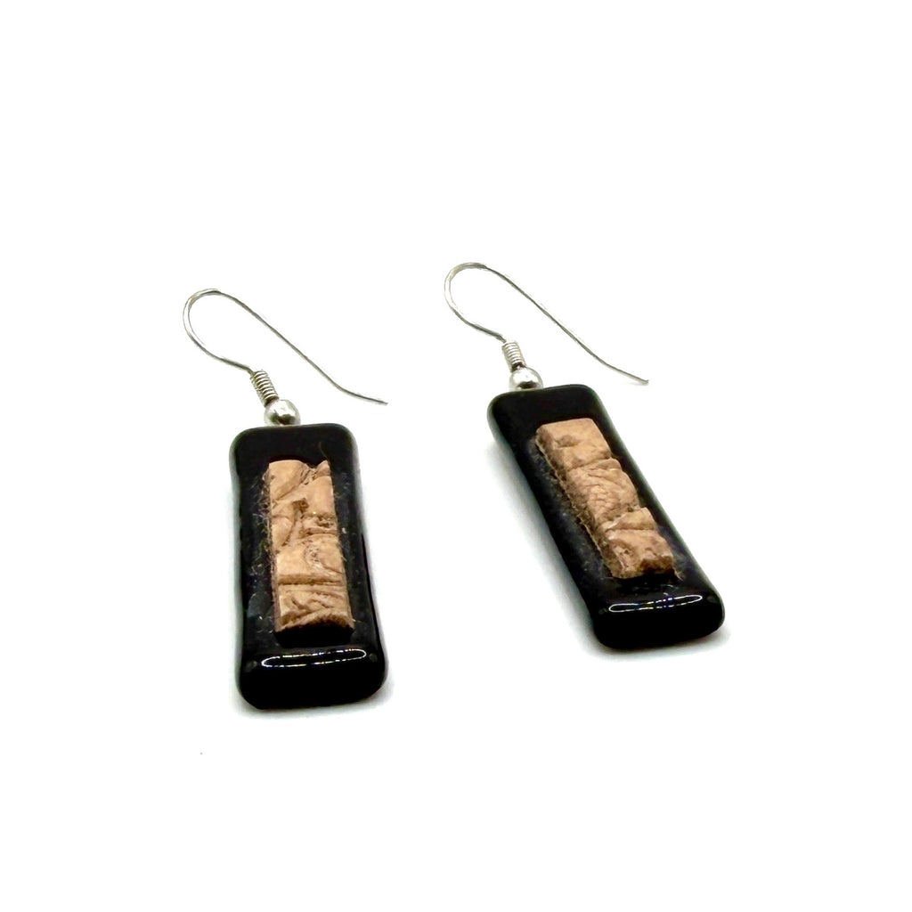 Vintage 90s Black Beige Fused Glass Clay Textured Inlay Rectangle Drop Earrings