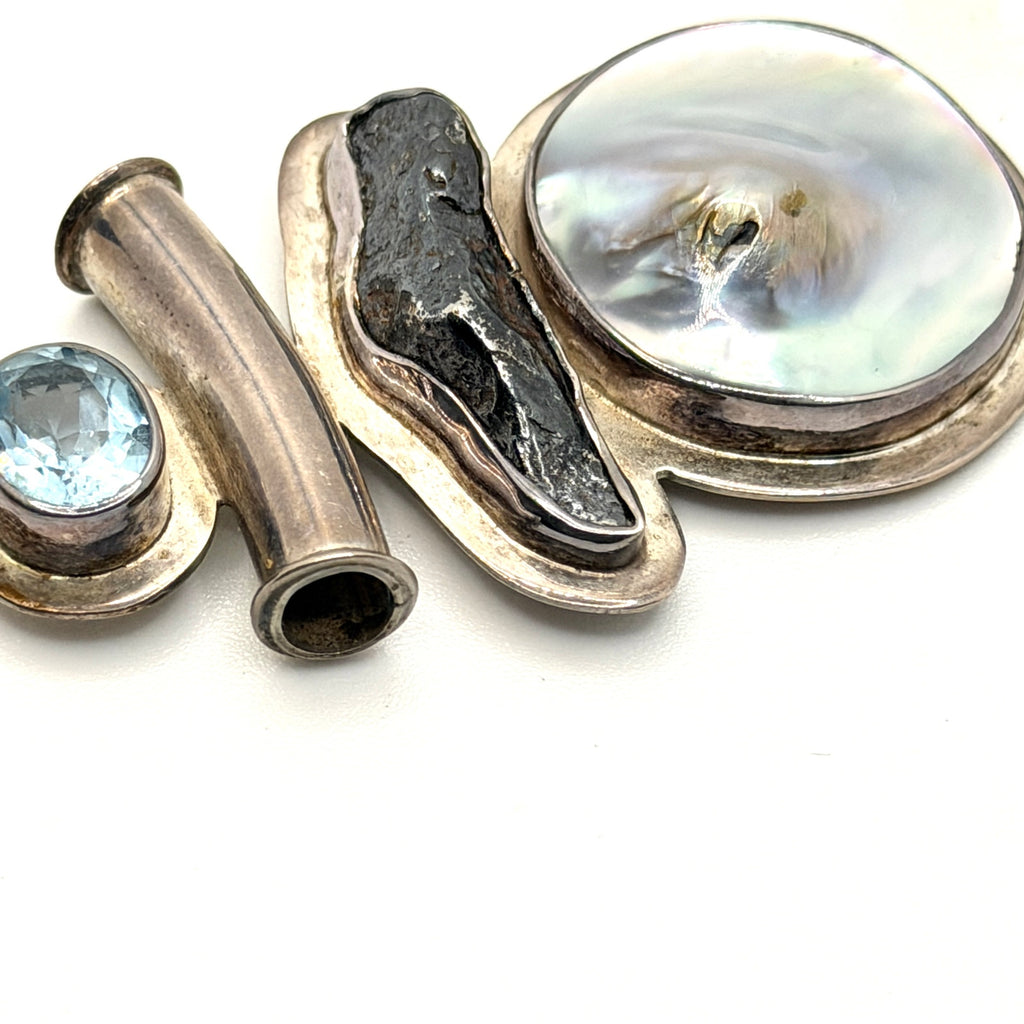 Vintage 90s Starborn Sterling Mother of Pearl Blue Topaz Tektite Slide Pendant