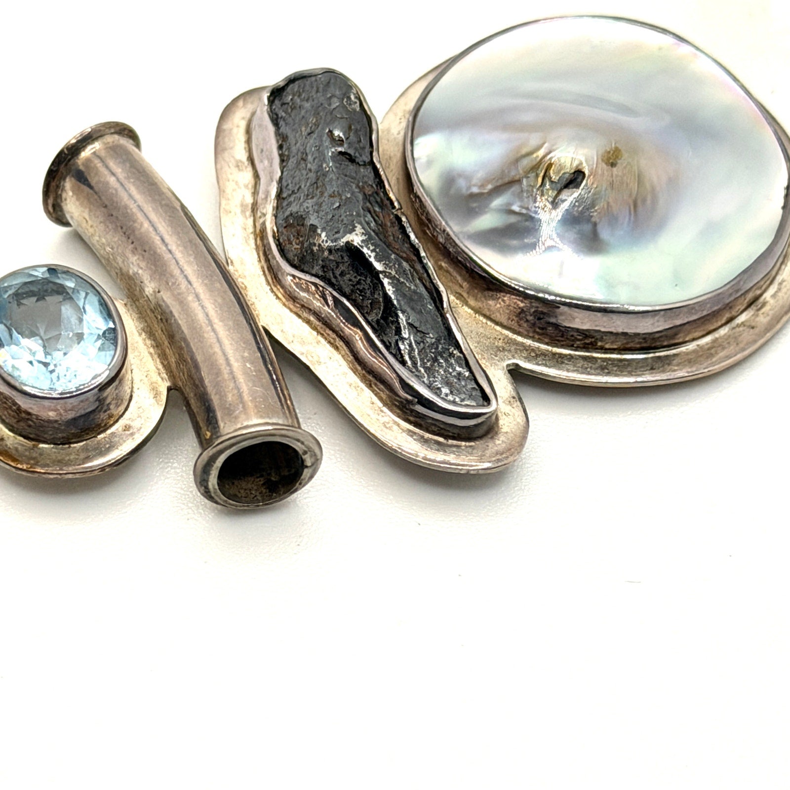 Vintage 90s Starborn Sterling Mother of Pearl Blue Topaz Tektite Slide Pendant