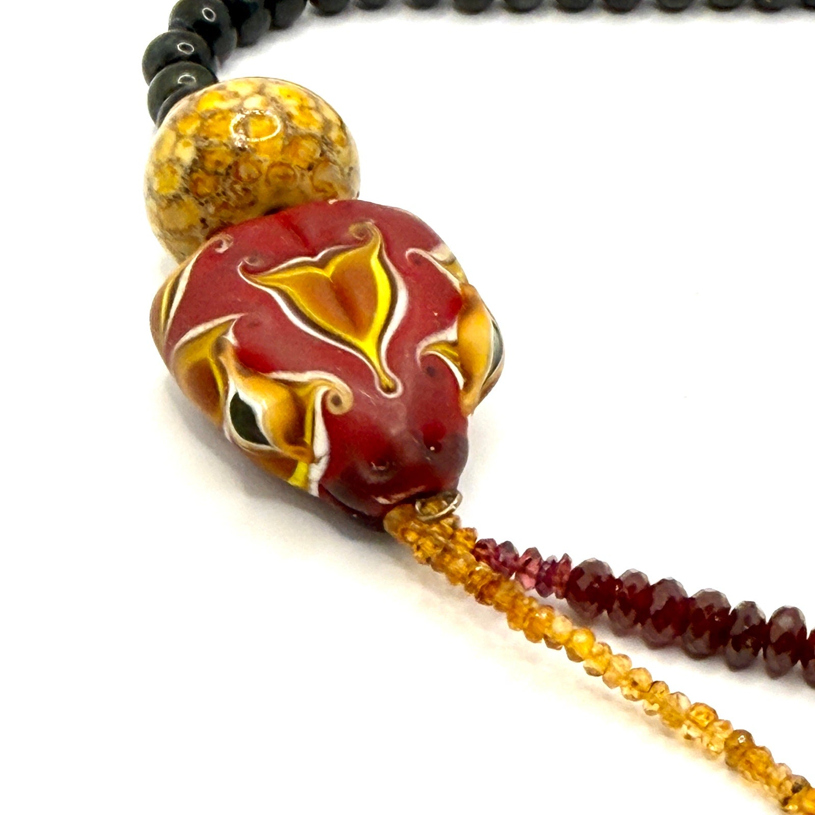 Vintage 90s Ruby Golden Topaz Tiger's Eye Dragon Head Glass Bead Necklace