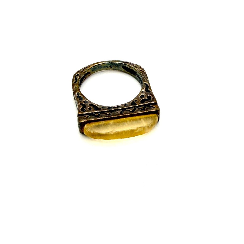 Vintage 90s Honey Amber Sterling Silver Geometric Tribal Stamped Statement Ring