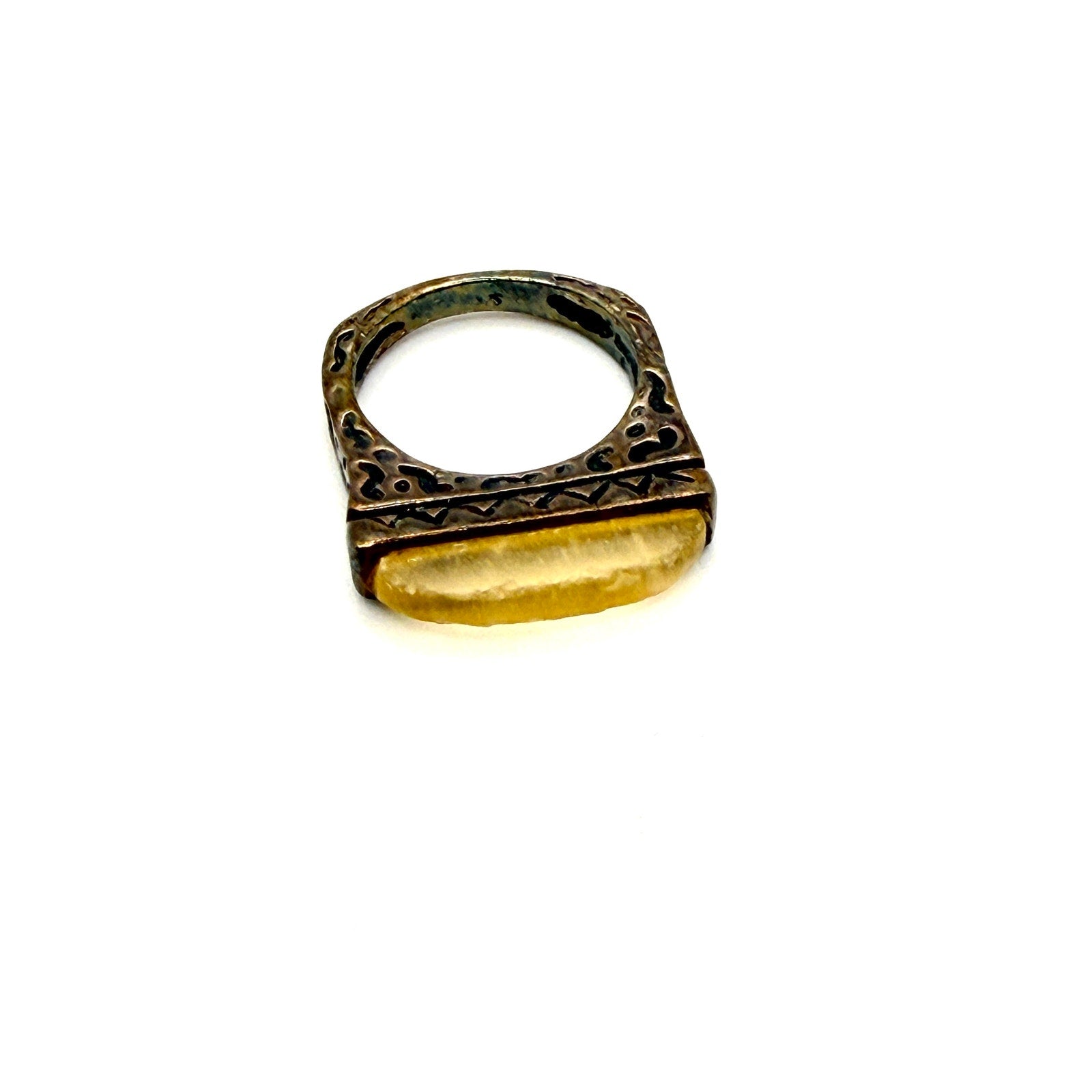 Vintage 90s Honey Amber Sterling Silver Geometric Tribal Stamped Statement Ring