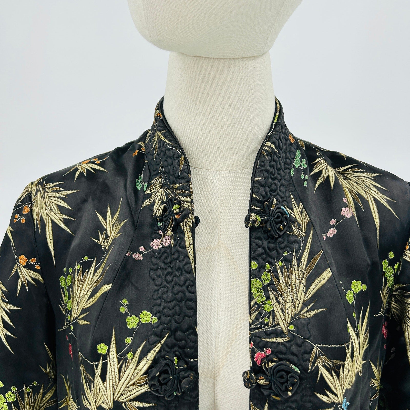 Vintage 80s Chinese Black Satin Gold Bamboo Embroidered Reversible Jacket