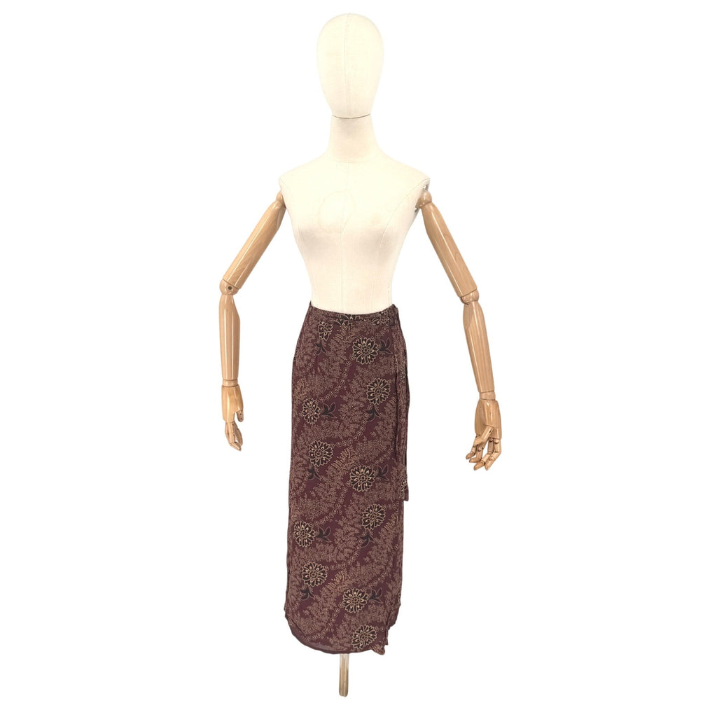 Vintage 90s Ann Taylor Maroon Tan Floral Rayon Boho Wrap Maxi Skirt