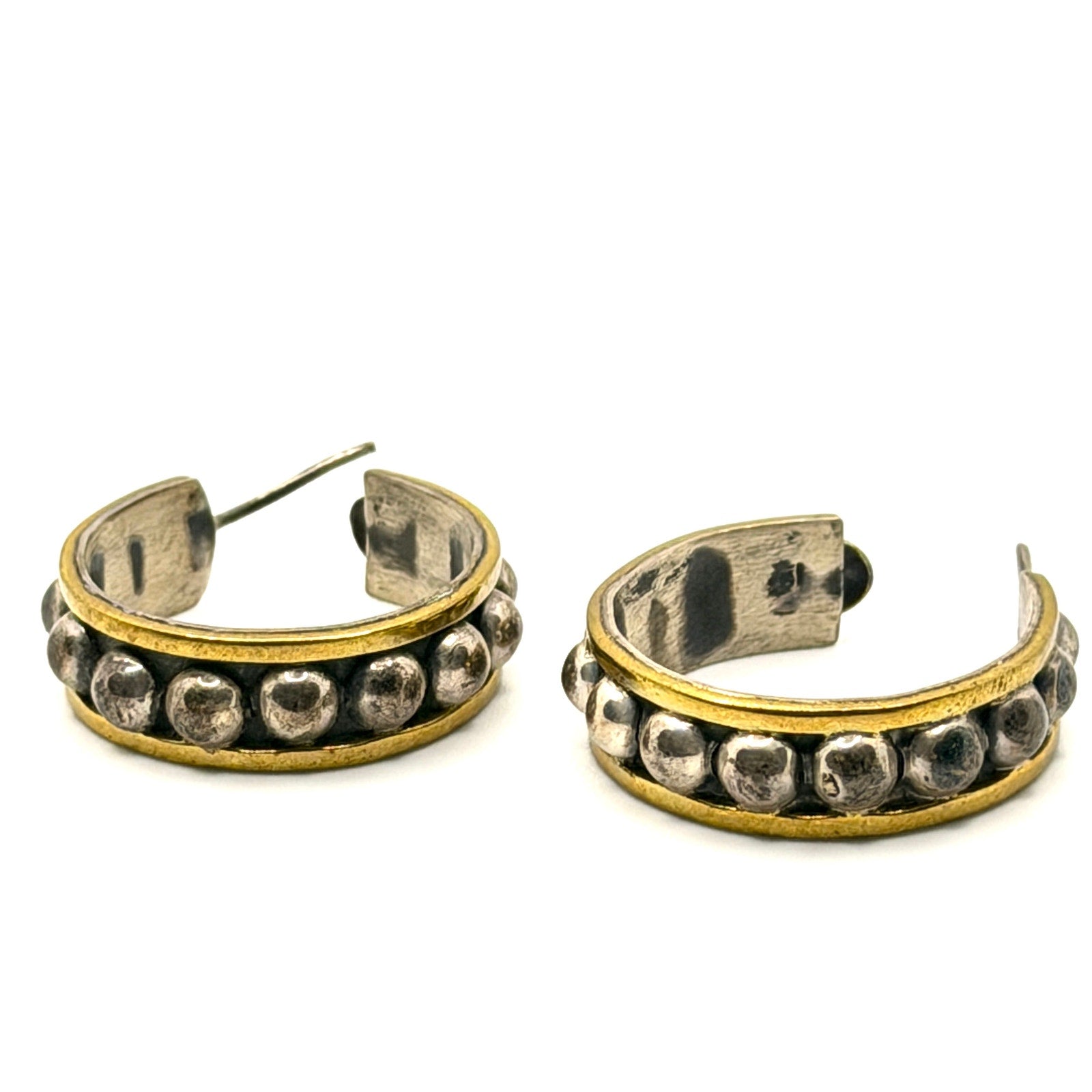 Vintage 90s Taxco Stamped Sterling Silver Brass Mixed Metal Hoop Earrings