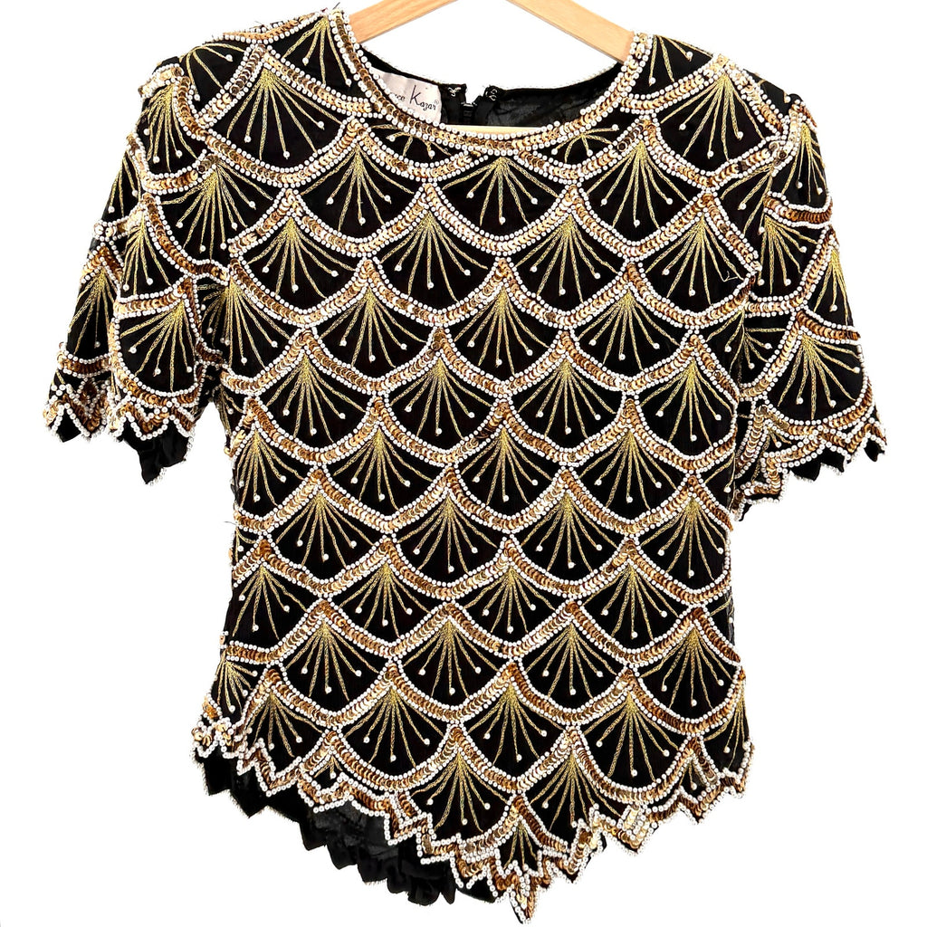 Vintage 80s Laurence Kazar Black 100% Silk Beaded Gold Sequin Pearl Glam Top