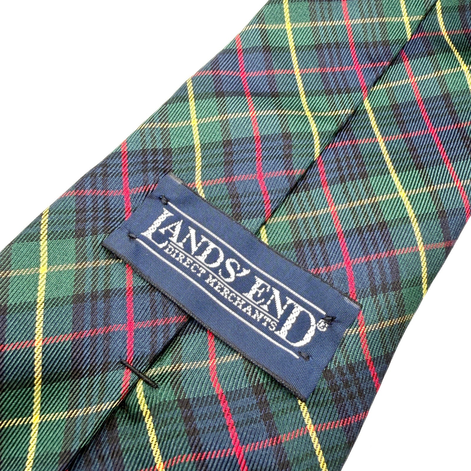 Vintage 90s Land's End 100% Silk Green Navy Tartan Plaid Necktie