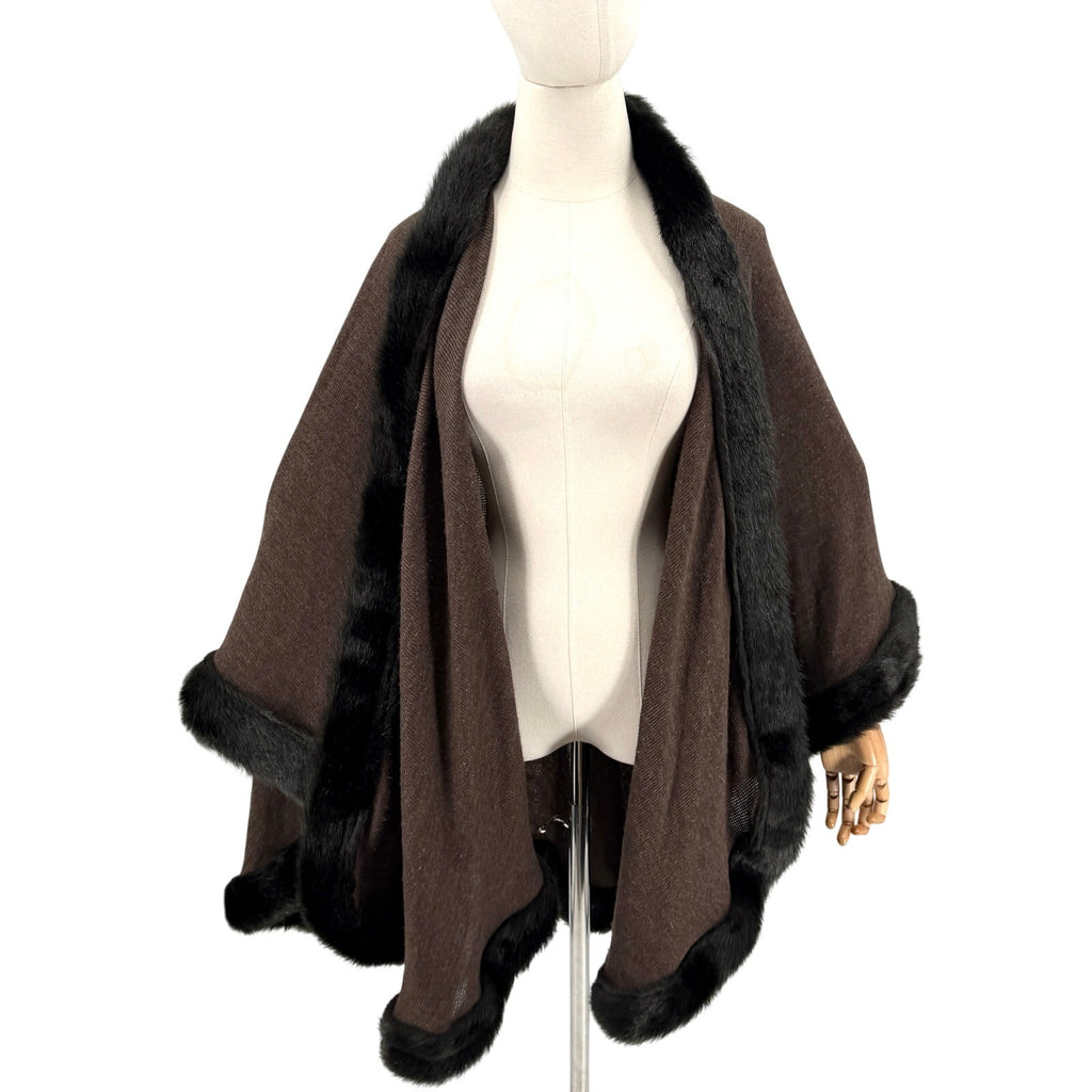 Vintage Y2K Brown Faux Fur Trim Elegant Layering Cape Ruana Wrap