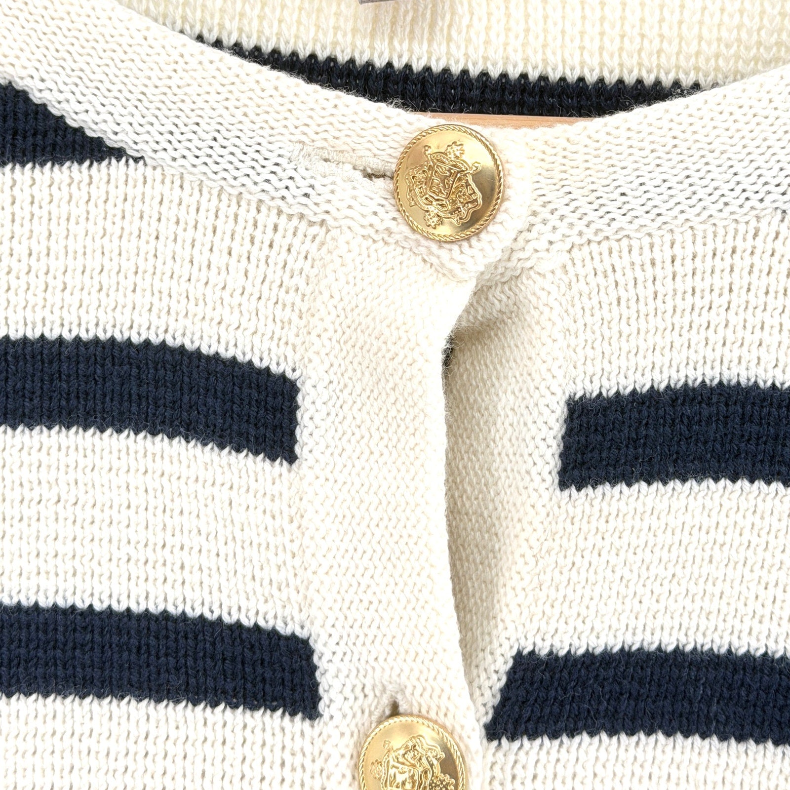 J.Crew Emilie Cream Navy Striped Gold Button 100% Cotton Cardigan Sweater Jacket