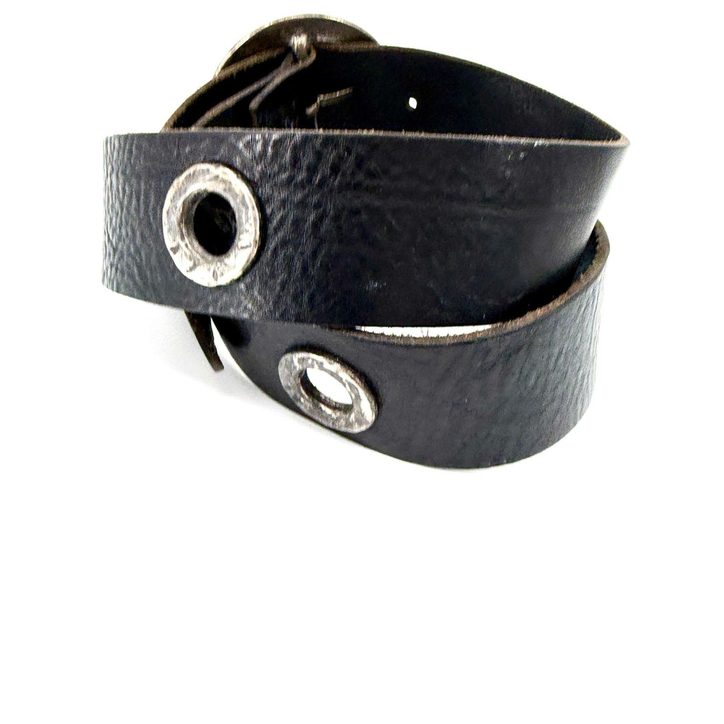 Vintage 90s Garuglieri Black Leather Round Buckle Grommet Belt