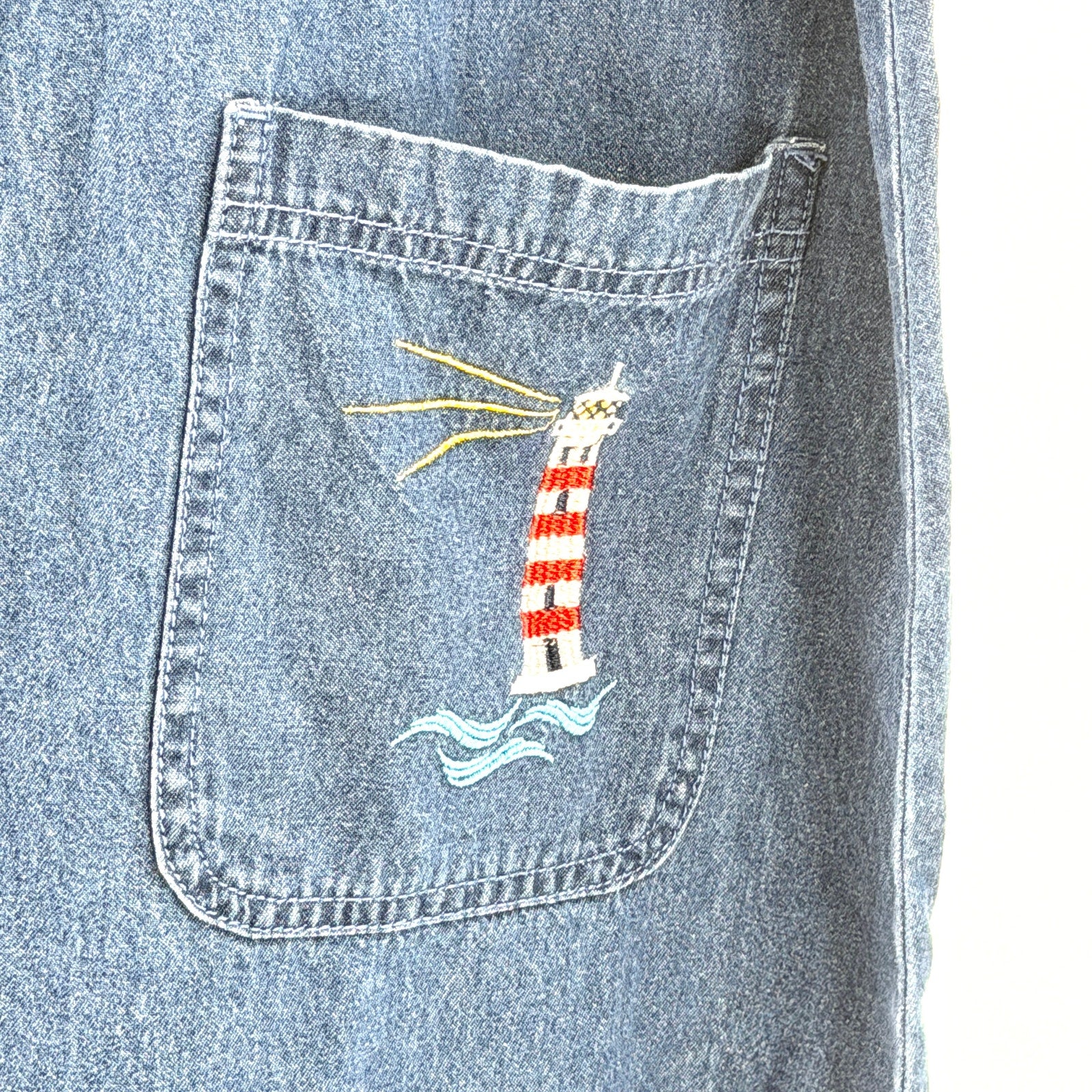 Vintage Blair Blue Nautical Lighthouse Embroidery 100% Cotton A-Line Denim Dress