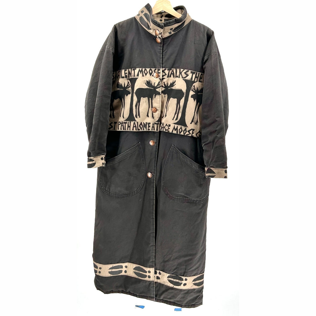 Vintage 90s Babes in the Woods Black Moose Print Duffle Coat